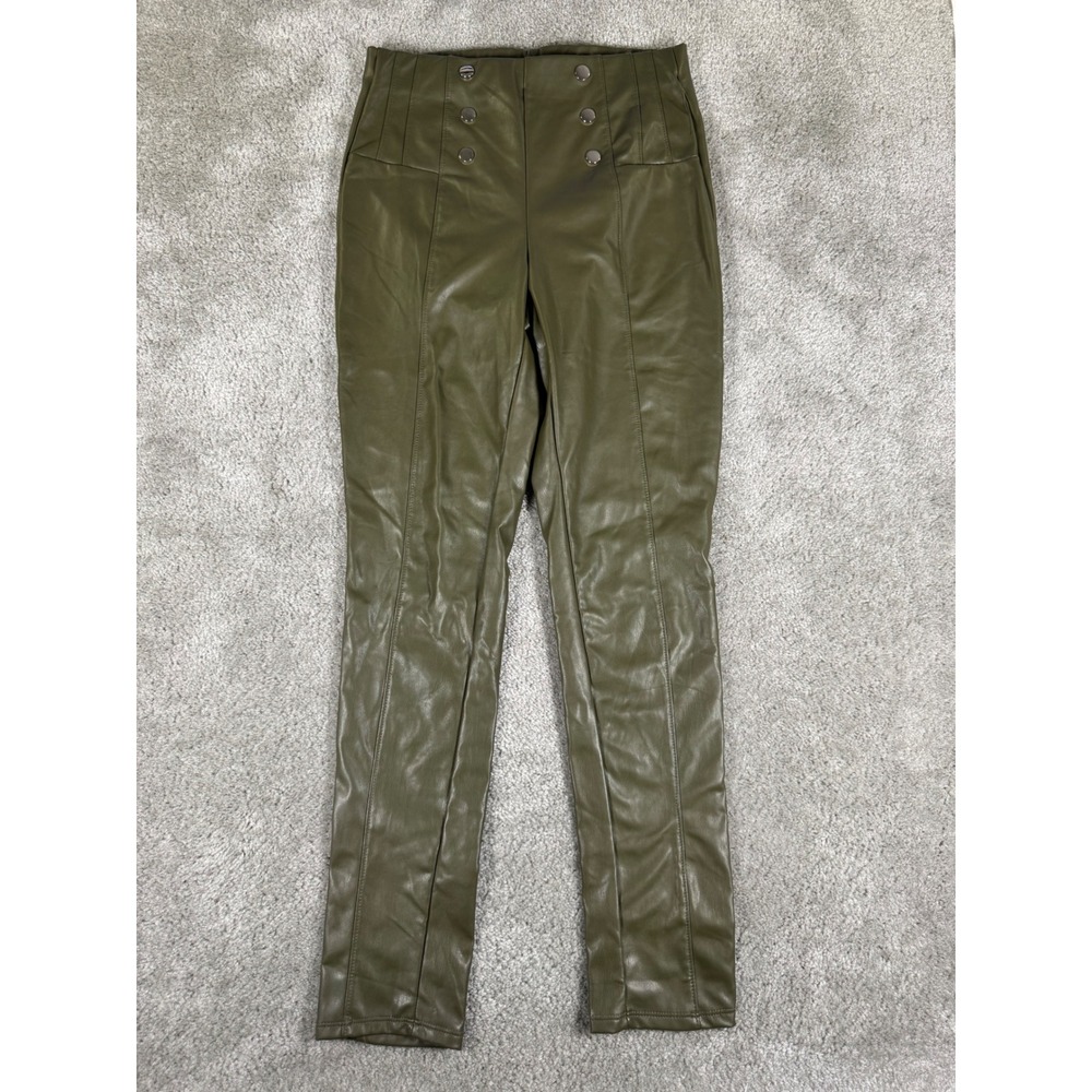Iris Olive Green Faux Leather High Waisted Sailor Button Leggings IP8004 Size M